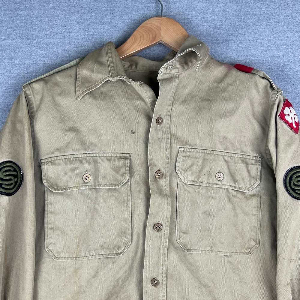 Vintage Korean War Military Shirt Khaki‎ Cotton Twill Patched Utility Top 1950s